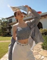 Gingham Outerwear Shirt and Elastic Hem Crop Top Set Wear