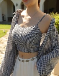 Gingham Outerwear Shirt and Elastic Hem Crop Top Set Wear