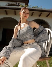 Gingham Outerwear Shirt and Elastic Hem Crop Top Set Wear
