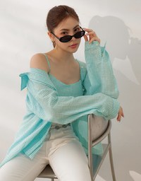細格紋泡泡紗襯衫背心套裝