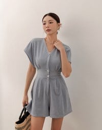 Soft Crinkle Textured V Neck Cinched Waist Jumpsuit