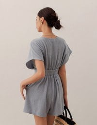 Soft Crinkle Textured V Neck Cinched Waist Jumpsuit