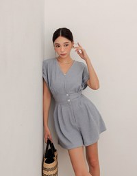 Soft Crinkle Textured V Neck Cinched Waist Jumpsuit