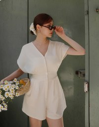 Soft Crinkle Textured V Neck Cinched Waist Jumpsuit
