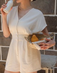 Soft Crinkle Textured V Neck Cinched Waist Jumpsuit
