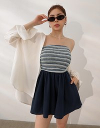 Colorful Knit Striped Texture Bandeau Padded Jumpsuit with Flowy Flared Shorts