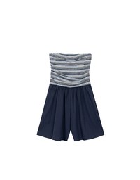 Colorful Knit Striped Texture Bandeau Padded Jumpsuit with Flowy Flared Shorts