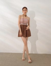 Colorful Knit Striped Texture Bandeau Padded Jumpsuit with Flowy Flared Shorts