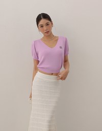 AIR SPACE Logo Embroidered V Neck Short Sleeve Knit Top