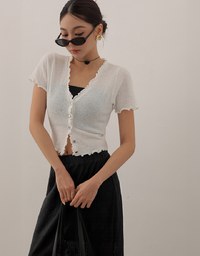 V Neck Ruffle Detail Stretch Knit Button Front Cropped Top