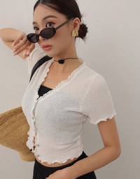 V Neck Ruffle Detail Stretch Knit Button Front Cropped Top