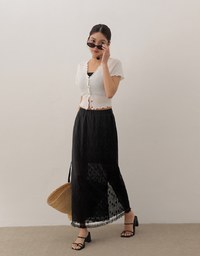 V Neck Ruffle Detail Stretch Knit Button Front Cropped Top