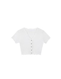 V Neck Ruffle Detail Stretch Knit Button Front Cropped Top