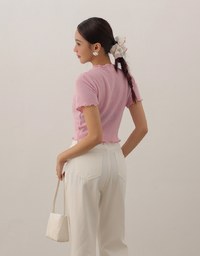 V Neck Ruffle Detail Stretch Knit Button Front Cropped Top