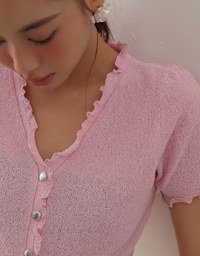 V Neck Ruffle Detail Stretch Knit Button Front Cropped Top