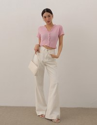 V Neck Ruffle Detail Stretch Knit Button Front Cropped Top