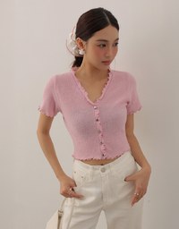 V Neck Ruffle Detail Stretch Knit Button Front Cropped Top