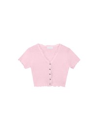 V Neck Ruffle Detail Stretch Knit Button Front Cropped Top