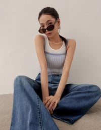 Checkered Texture Adjustable Strap Ribbed Knit Padded Crop Top