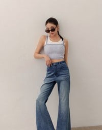 Checkered Texture Adjustable Strap Ribbed Knit Padded Crop Top