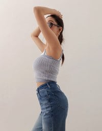 Checkered Texture Adjustable Strap Ribbed Knit Padded Crop Top
