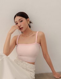 Checkered Texture Adjustable Strap Ribbed Knit Padded Crop Top