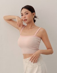 Checkered Texture Adjustable Strap Ribbed Knit Padded Crop Top