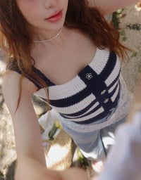 Striped Crochet Knit Tank Top with Flower Button Accents