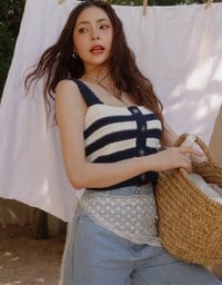 Striped Crochet Knit Tank Top with Flower Button Accents