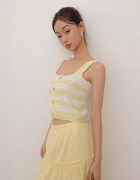 Striped Crochet Knit Tank Top with Flower Button Accents
