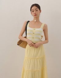 Striped Crochet Knit Tank Top with Flower Button Accents