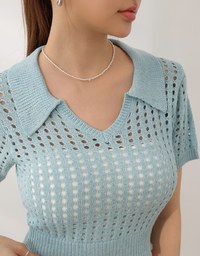 Short Sleeve V Neck Hollow Out Knit Crop Polo Top