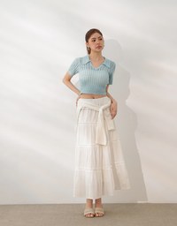 Short Sleeve V Neck Hollow Out Knit Crop Polo Top