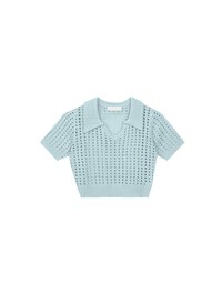 Short Sleeve V Neck Hollow Out Knit Crop Polo Top