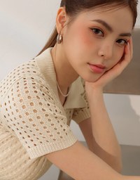 Short Sleeve V Neck Hollow Out Knit Crop Polo Top