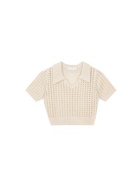 Short Sleeve V Neck Hollow Out Knit Crop Polo Top