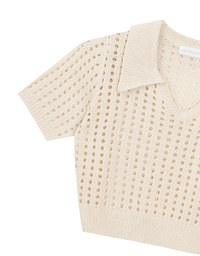Short Sleeve V Neck Hollow Out Knit Crop Polo Top