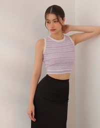 Textured Fringe Edge Striped Knit Cropped Tank Top