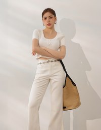 Fitted Knit Crop Top with Ribbon Bow Accent