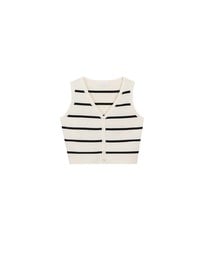 V Neck Striped Knit Button Down Sleeveless Vest Top