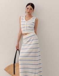 V Neck Striped Knit Button Down Sleeveless Vest Top