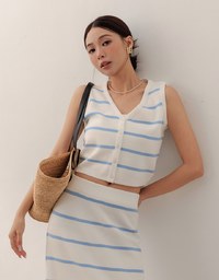 V Neck Striped Knit Button Down Sleeveless Vest Top