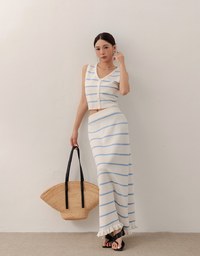 V Neck Striped Knit Button Down Sleeveless Vest Top