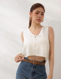 Pearl Button Front Open Knit Sleeveless Vest Top