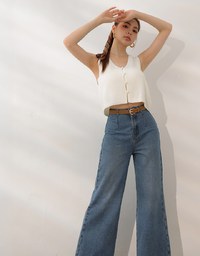 Pearl Button Front Open Knit Sleeveless Vest Top