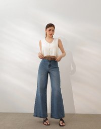 Pearl Button Front Open Knit Sleeveless Vest Top