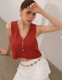 Pearl Button Front Open Knit Sleeveless Vest Top