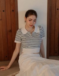 Classic Polo Inspired Stripe Knit Top with Stretch Hem