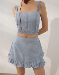 Ruffled Hem Wrap Look Skorts with Pinstripe Texture