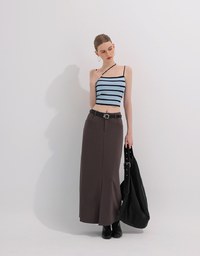 Striped Ribbed Knit Spaghetti Strap Halter Padded Crop Top